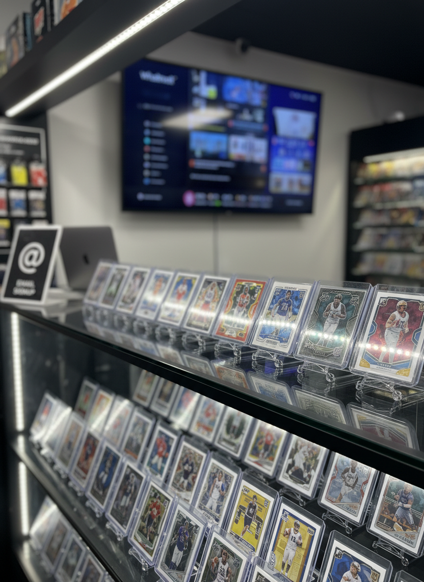 A bold, photographic realism scene of a glass display case filled with pristine sports cards and sealed hobby boxes, arranged in sharp rows on black shelves. Chrome-finished card holders reflect crisp overhead LED strip lighting, creating bright highlights on glossy card surfaces and shrink-wrapped boxes. In the blurred background, a large flat-screen shows a colorful Whatnot live stream interface as an abstract glow, while a sleek laptop sits beside a small, modern sign-shaped object hinting at an email signup area. Shot at eye level with a shallow depth of field, the front row of cards is in razor-sharp focus, giving an energetic, high-value, storefront feel for a sports card shop in Akron, Ohio.