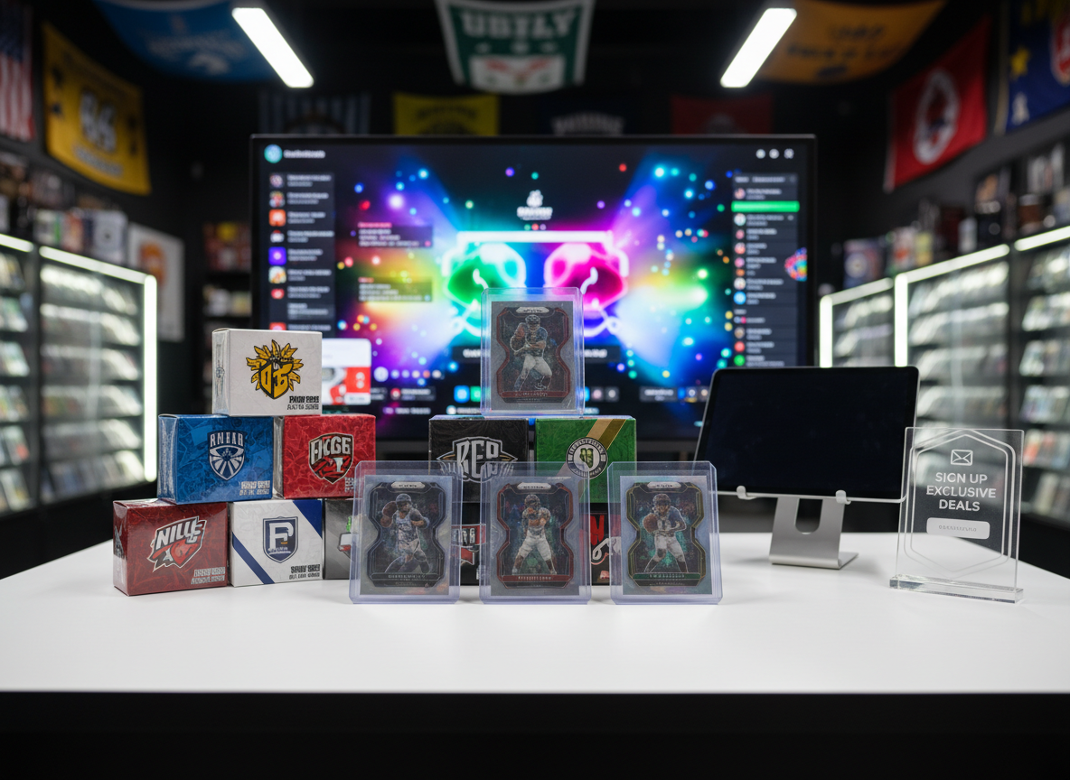 A wide, eye-level, photographic realism shot of a clean, modern tabletop setup in a bold sports card shop. Centered is a close-up of several high-end sports cards in clear magnetic cases, leaning confidently against a stack of sealed booster and hobby boxes with vibrant team colors and dynamic graphics. Behind them, a large monitor displays a bright, out-of-focus Whatnot-style live auction layout, with colorful interface shapes suggesting bids and chat. To the side, a sleek tablet rests on a small stand next to a minimalist card-shaped object representing an email signup form. Bright, even studio lighting creates strong contrast and crisp reflections, emphasizing a fast-paced, high-energy streaming and shopping atmosphere.