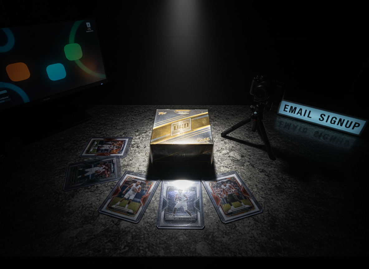 A dramatic, cinematic overhead shot in photographic realism of a dark, textured countertop in a bold Akron sports card shop, lit by a single powerful spotlight from above. In the center lies a sealed, premium sports card hobby box with metallic foiling that catches the light, surrounded by neatly fanned packs and a few top-loaded star cards. Around the edges, softly blurred accessories hint at a live Whatnot break setup: a desktop monitor glowing with colorful interface shapes, a compact camera on a low tripod, and a slim, illuminated sign-like panel suggesting an email signup area. The high-contrast lighting creates intense highlights and shadows, giving the scene a high-stakes, adrenaline-fueled mood.