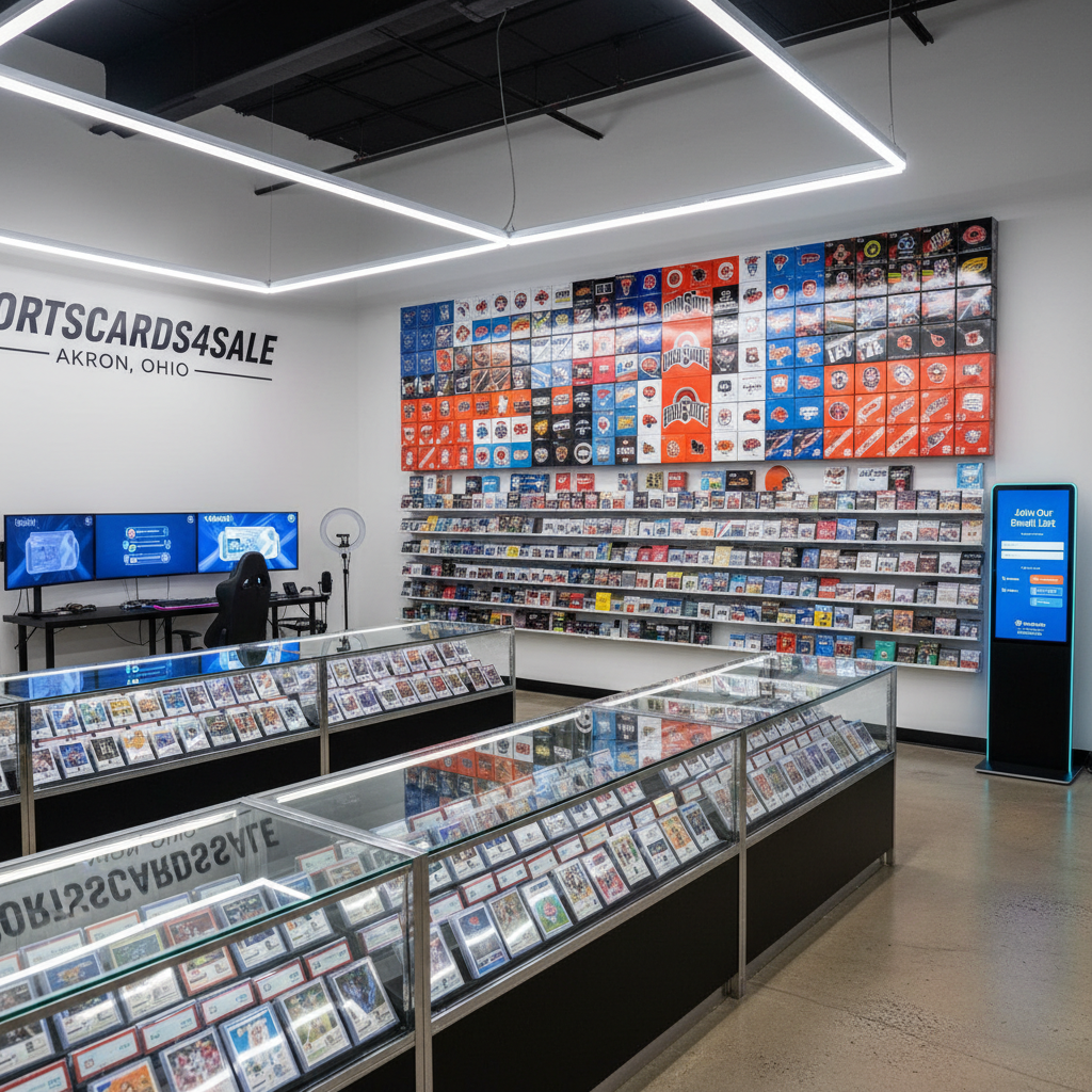 A panoramic, photographic realism shot of the interior of Sportscards4sale in Akron, Ohio, with bold, clean lines and a modern retail layout. Long glass cases stretch across the foreground, packed with graded sports cards and neatly labeled stacks, while the back wall showcases an organized grid of sealed boxes in team-color blocks. Overhead, bright white LED track lights create crisp illumination and minimal shadows, making every card shimmer. To one side, a dedicated live-streaming station glows with multiple monitors showing abstract Whatnot interfaces, and a slim kiosk with a glowing screen suggests an email signup hub. Captured from a slightly elevated angle, the composition highlights both product abundance and the integrated live-streaming experience.