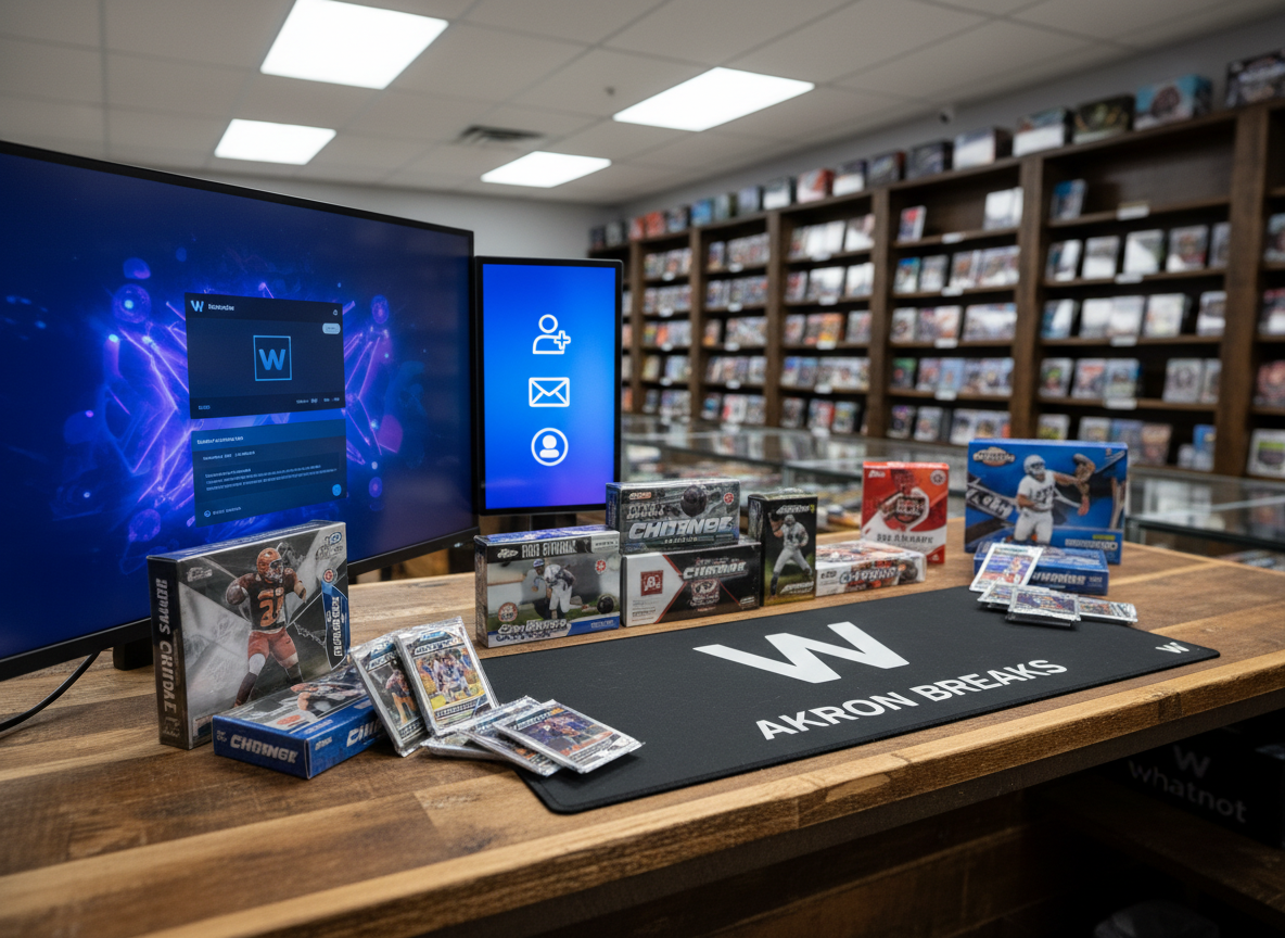 A cozy yet high-energy corner of a sports card shop in Akron, Ohio captured in photographic realism, featuring a sturdy wooden counter dedicated to live Whatnot streams. On the counter, sealed boxes and freshly opened packs are arranged in a precise grid, with a small branded playmat beneath them. A large monitor to the side glows with an abstracted Whatnot streaming dashboard, while a secondary vertical screen shows stylized icons suggesting followers and email signup. Soft but bright LED panel lighting illuminates the products with clean, even light, while the background fades into gentle bokeh of shelves filled with more sealed product. The composition uses the rule of thirds to keep the main sealed box and cards dominant, creating a bold, professional streaming setup.