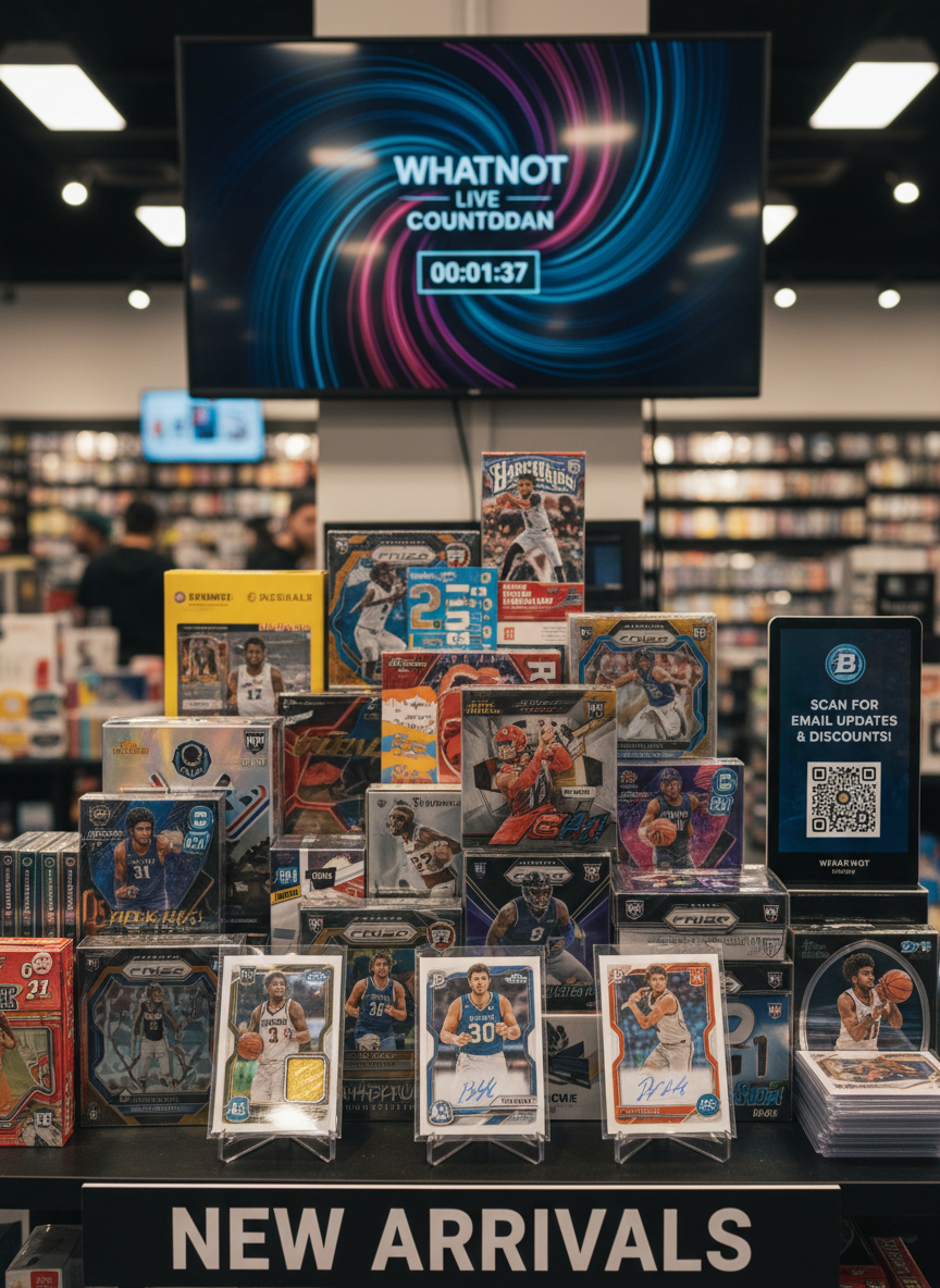 A tightly framed, photographic realism image of a bold “new arrivals” feature table in a sports card shop, overflowing with freshly released sealed hobby and retail boxes. The boxes are stacked in dynamic, staggered tiers, their glossy, colorful designs catching the light from overhead spotlights. In front, a few standout rookie and star cards in clear stands showcase potential pulls. In the softly blurred background, a wall-mounted monitor displays a vibrant, abstracted Whatnot countdown screen, while a slender digital display on the side of the table hints at an email signup prompt. Shot from a slightly elevated angle with moderate depth of field, the mood is exciting and urgent, capturing the anticipation of breaking into new product.